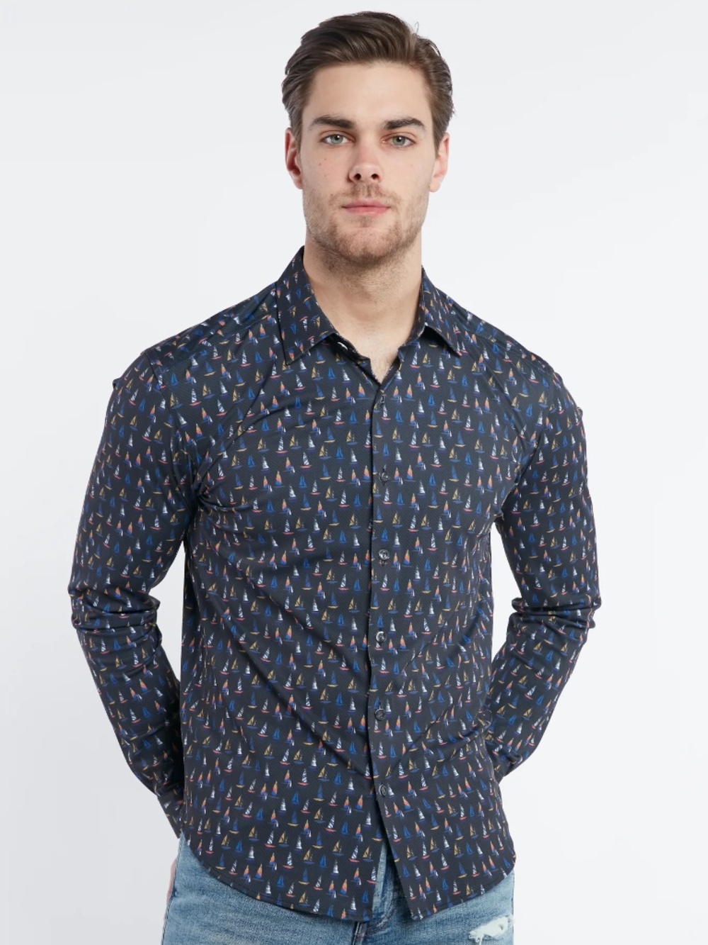 PINO Performance Shirt L Sailboat Print Stretch Button Up NWT Athleisure